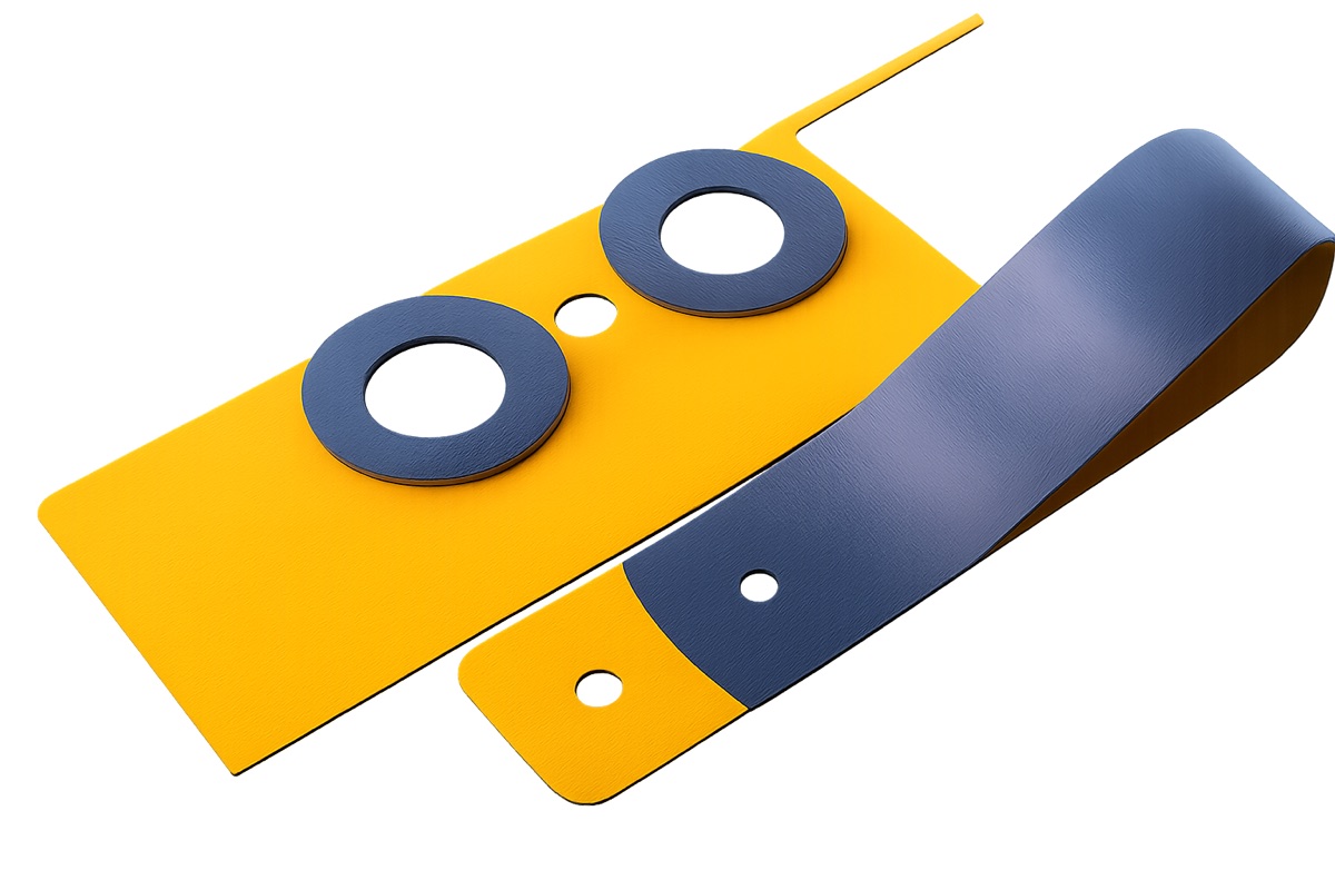 Yellow and blue flexible rubber components — a flat plate with sealing rings and a flexible strap