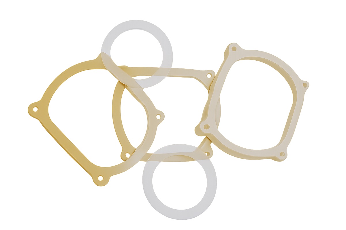 Cream and translucent silicone gasket rings and sealing profiles cut from sheet