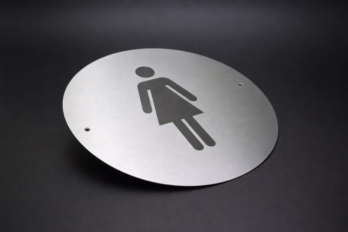 Brushed stainless door disc marked with a female bathroom pictogram