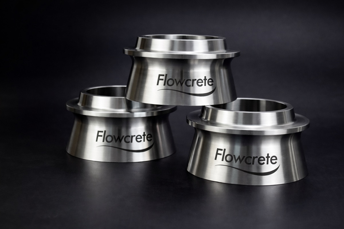 Stainless collars marked with the Flowcrete brand