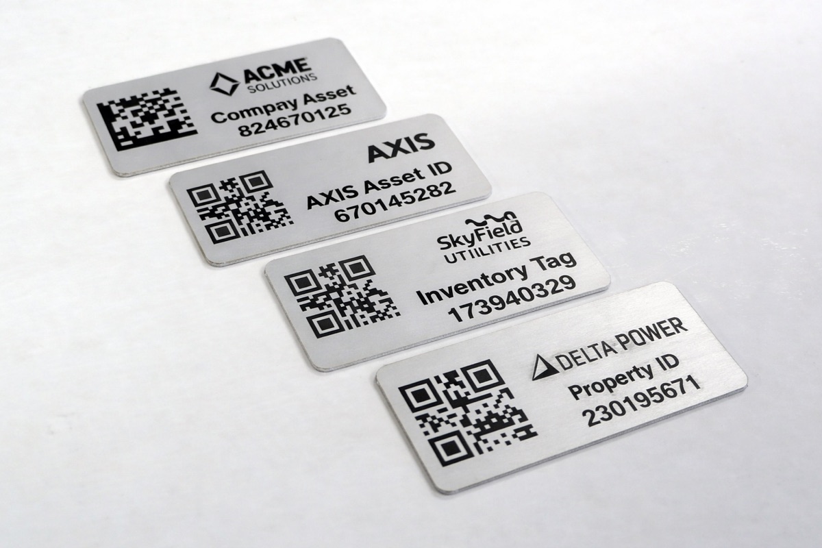 Anodised aluminium asset tag with QR identification
