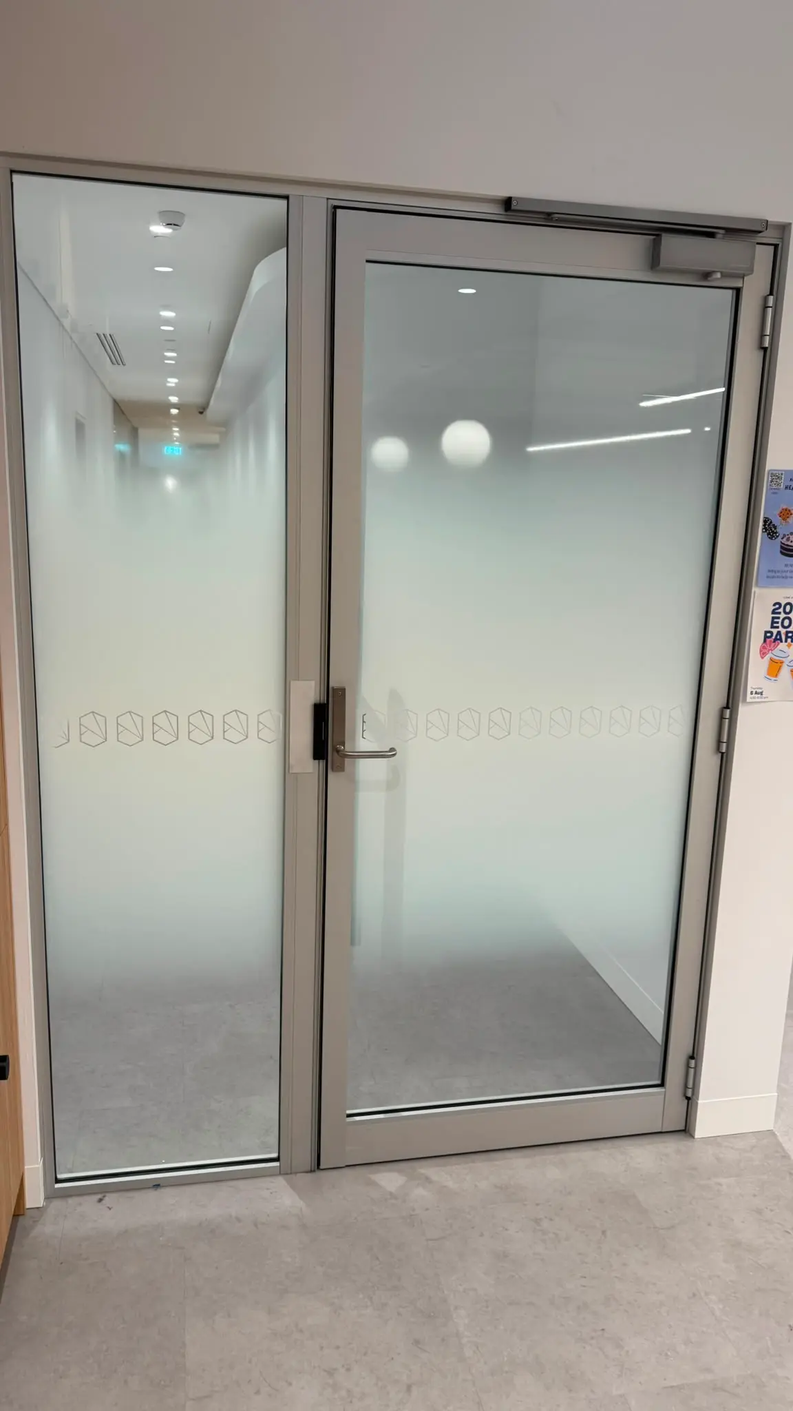 Screened glazed door and sidelight carrying a horizontal band of hexagon icons at handle height, with a lever handle and card reader on the frame