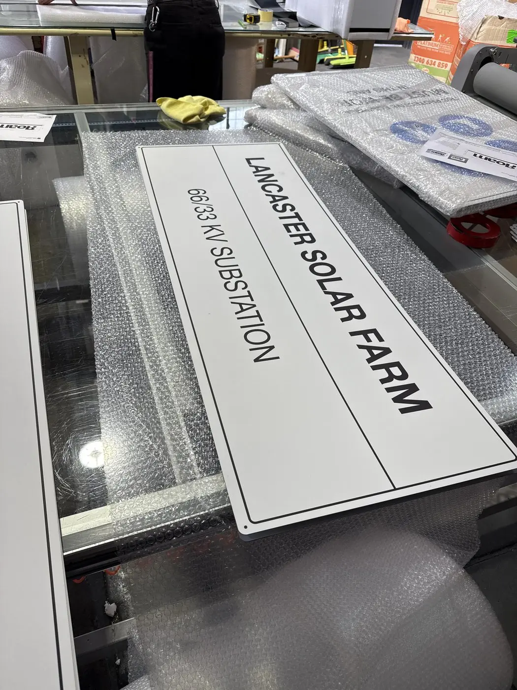 Lancaster Solar Farm 66/33kV substation site identification sign finished on the workbench