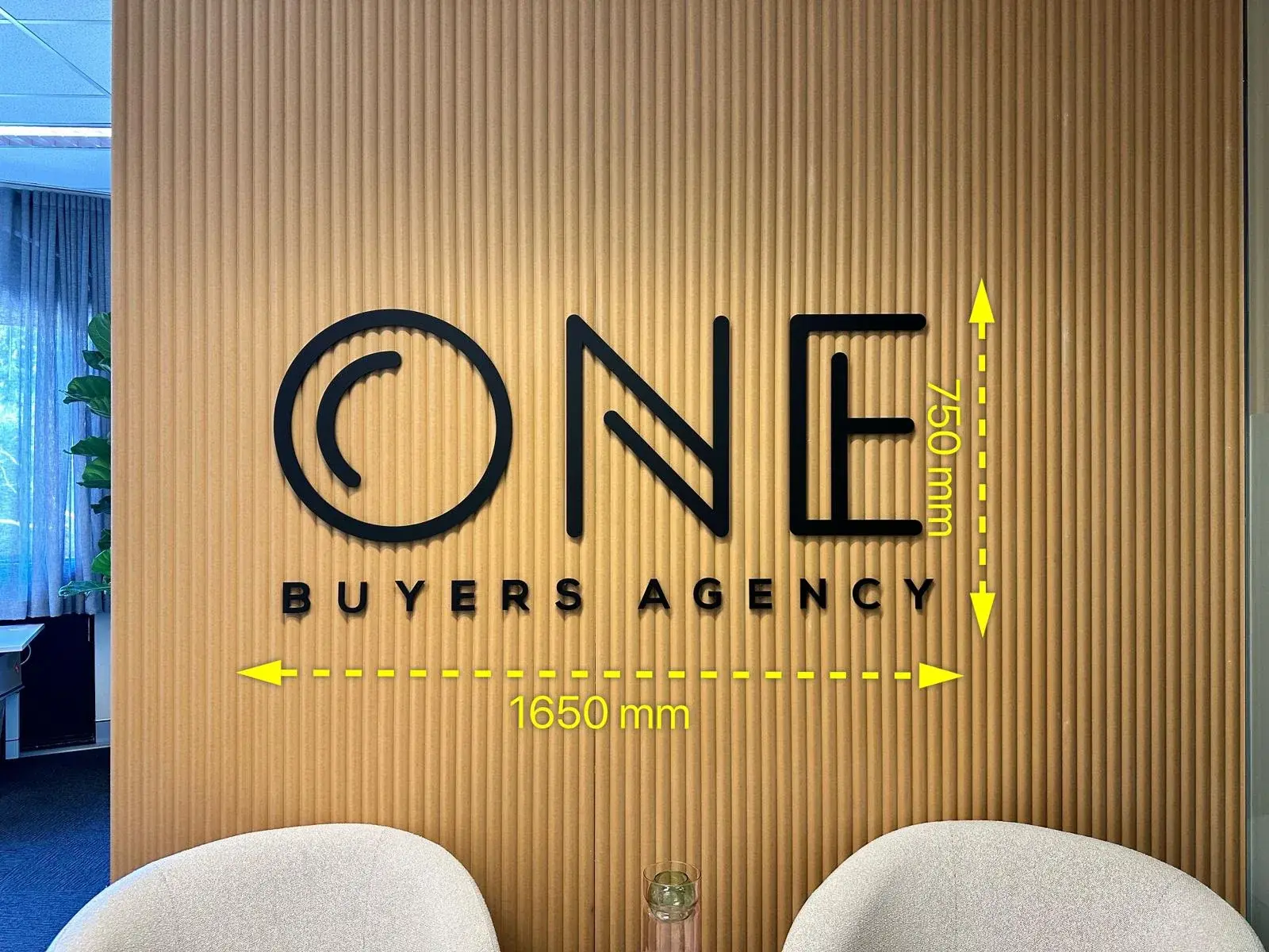 Previous horizontal One Buyers Agency wall sign with documented dimensions before the office identity update