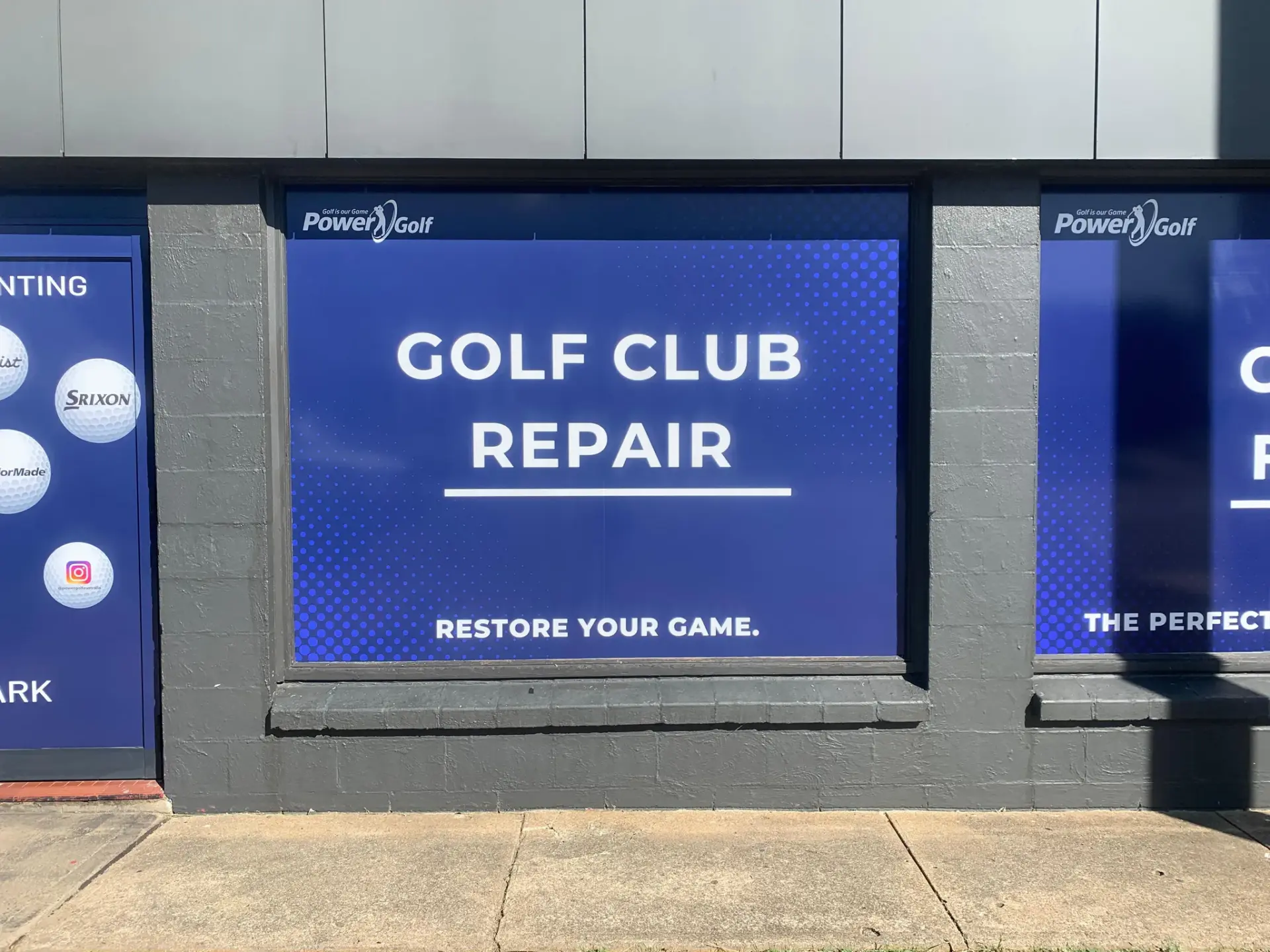 Golf Club Repair service window graphic along the painted masonry frontage