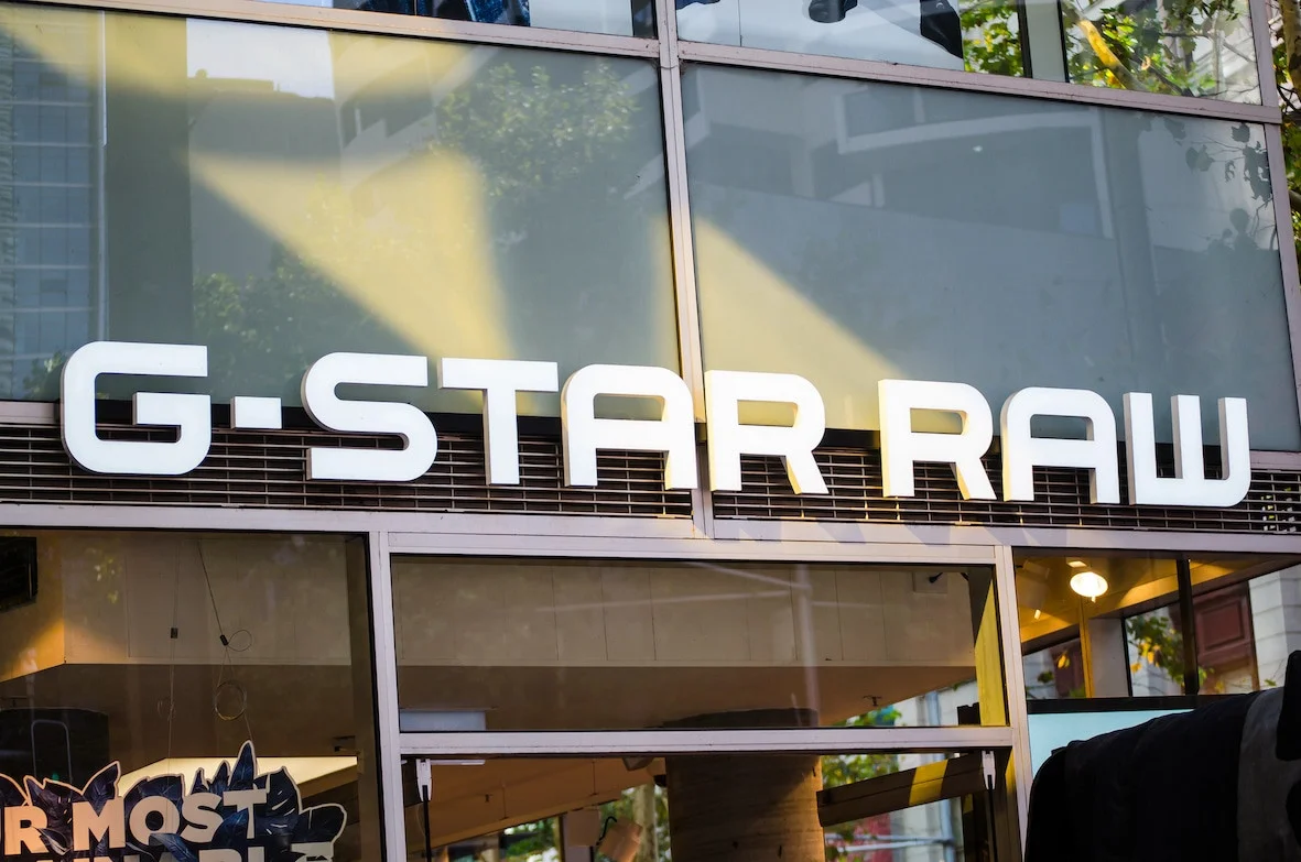 White G-Star Raw dimensional lettering across a glazed shopfront